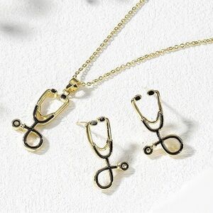 18K Gold Plated With Black Enamel Stethoscope Necklace & Earrings Set